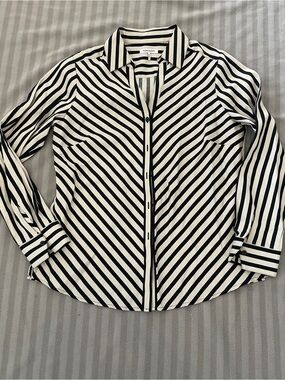 Foxcroft Black and White Striped Button-Down Shirt